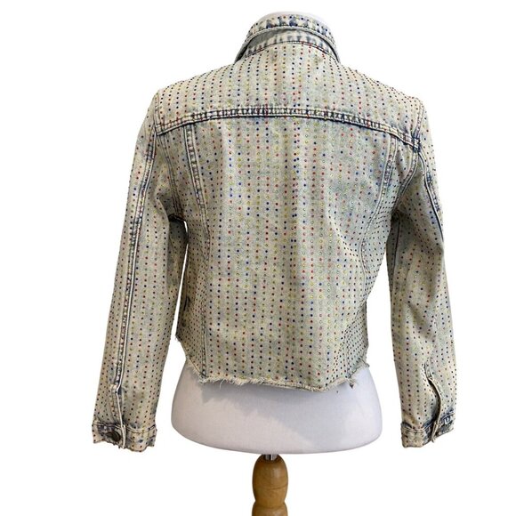 Veveret Rhinestone Studded Denim Jacket Cropped Distressed tie small dye style - Picture 5 of 16